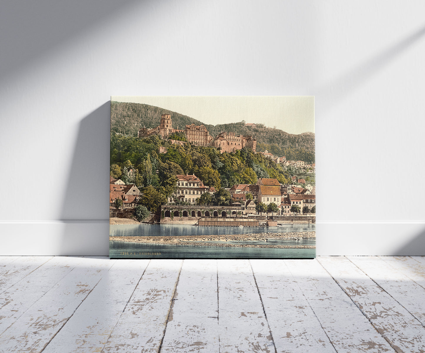 A picture of Heidelberg, seen from the Hirschgasse, Baden, Germany, a mockup of the print leaning against a wall