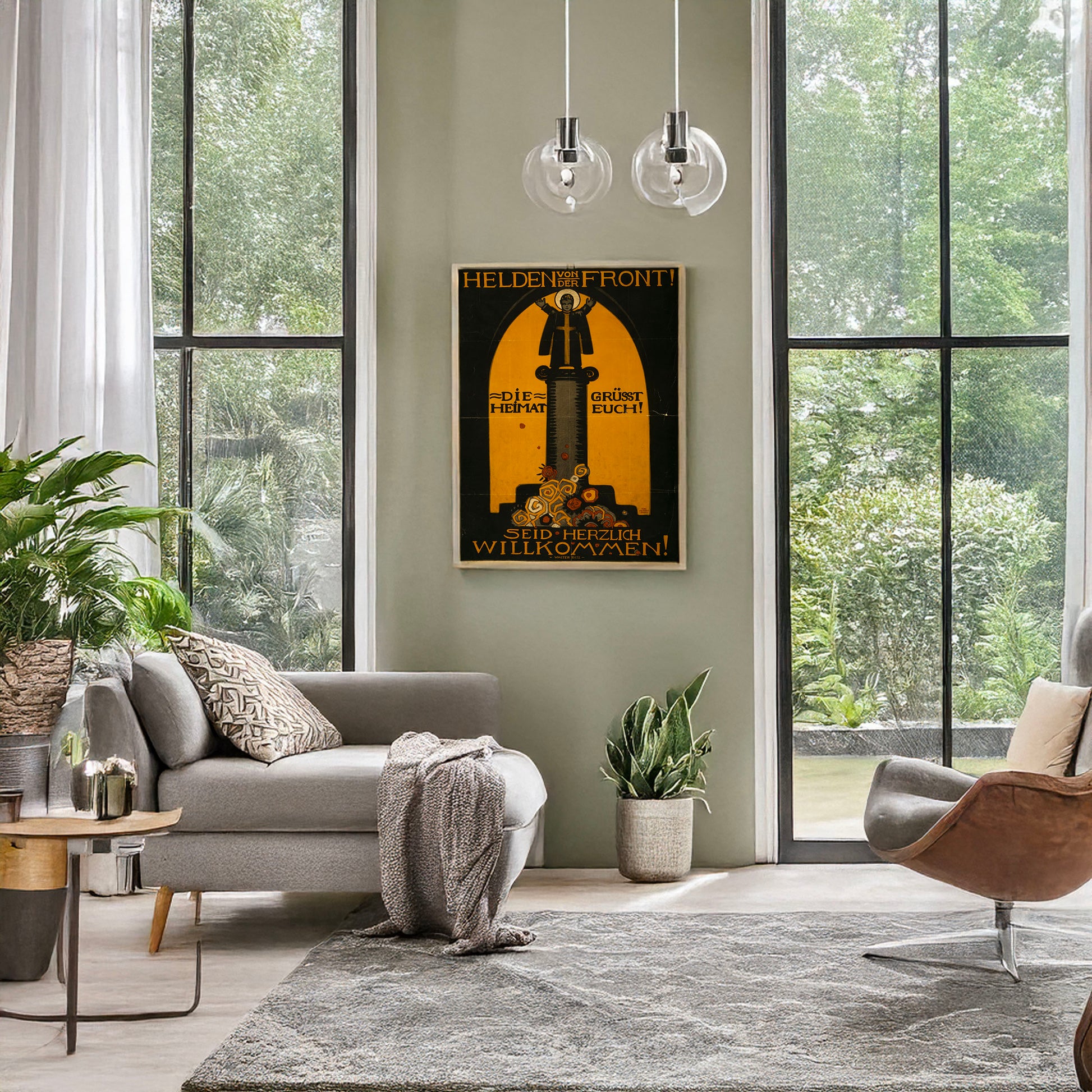 A picture of Helden von der Front, die Heimat grüsst euch! Seid herzlich willkommen!, a mockup of the print leaning against a wall