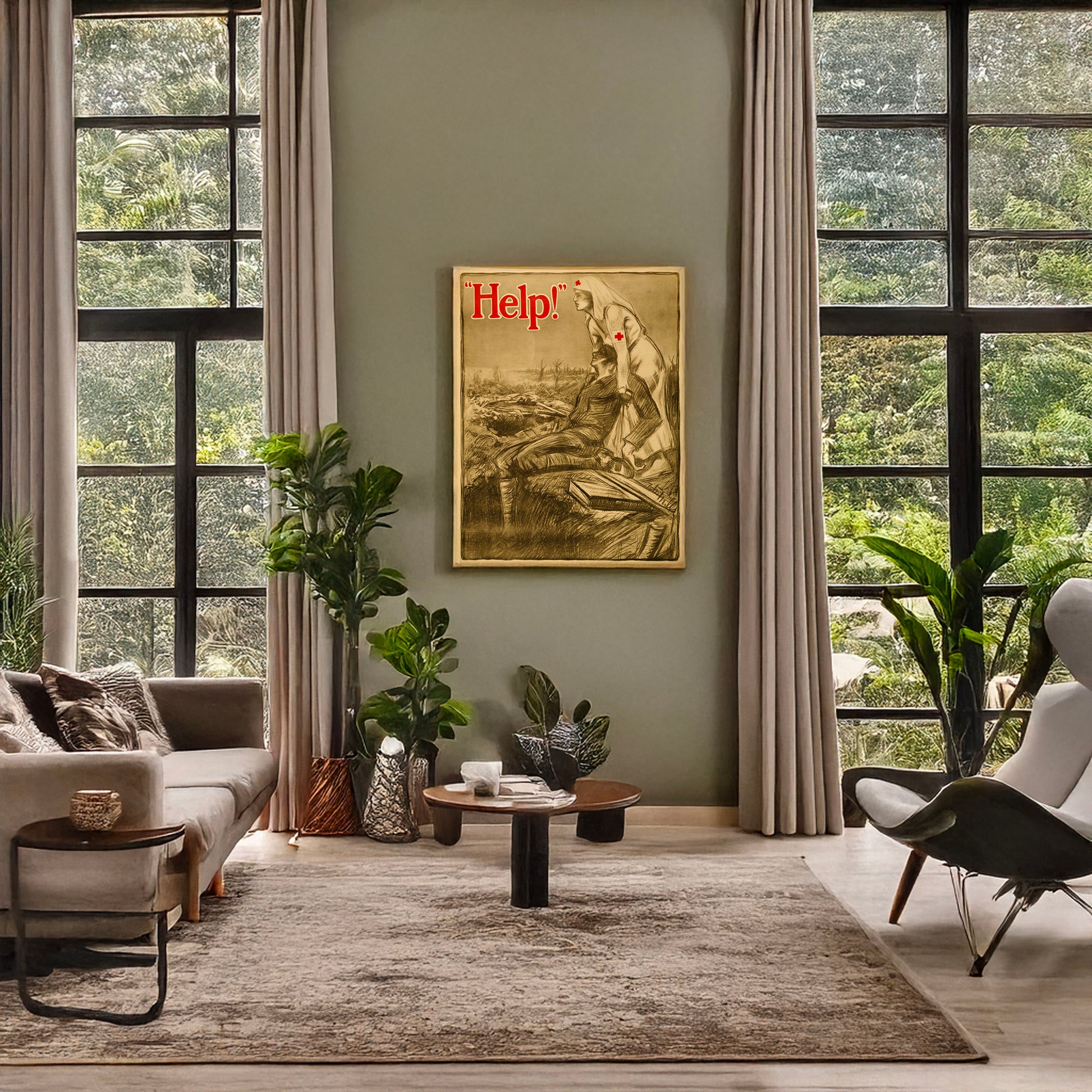 A picture of "Help!", a mockup of the print leaning against a wall