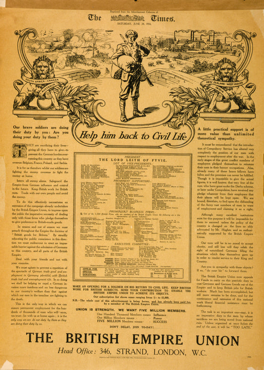 A picture of Help him back to civil life. ... Don't delay, join to-day! The British Empire Union