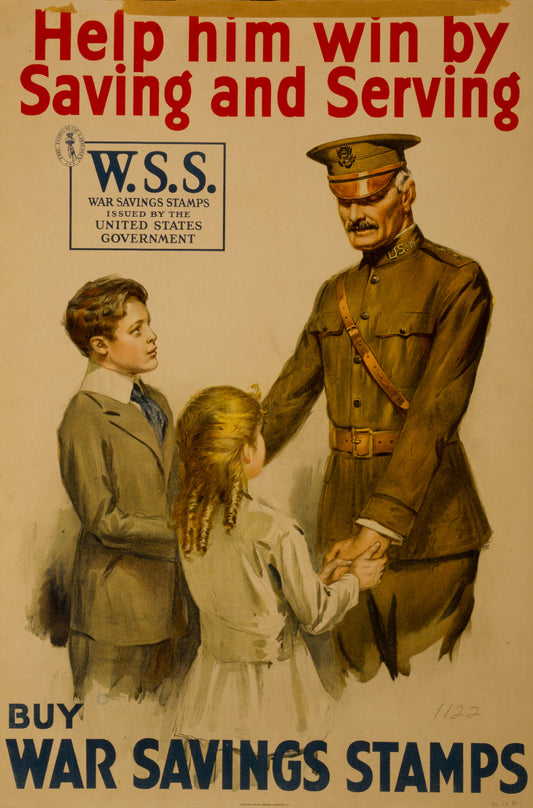 A picture of Help him win by saving and serving--Buy War Savings Stamps