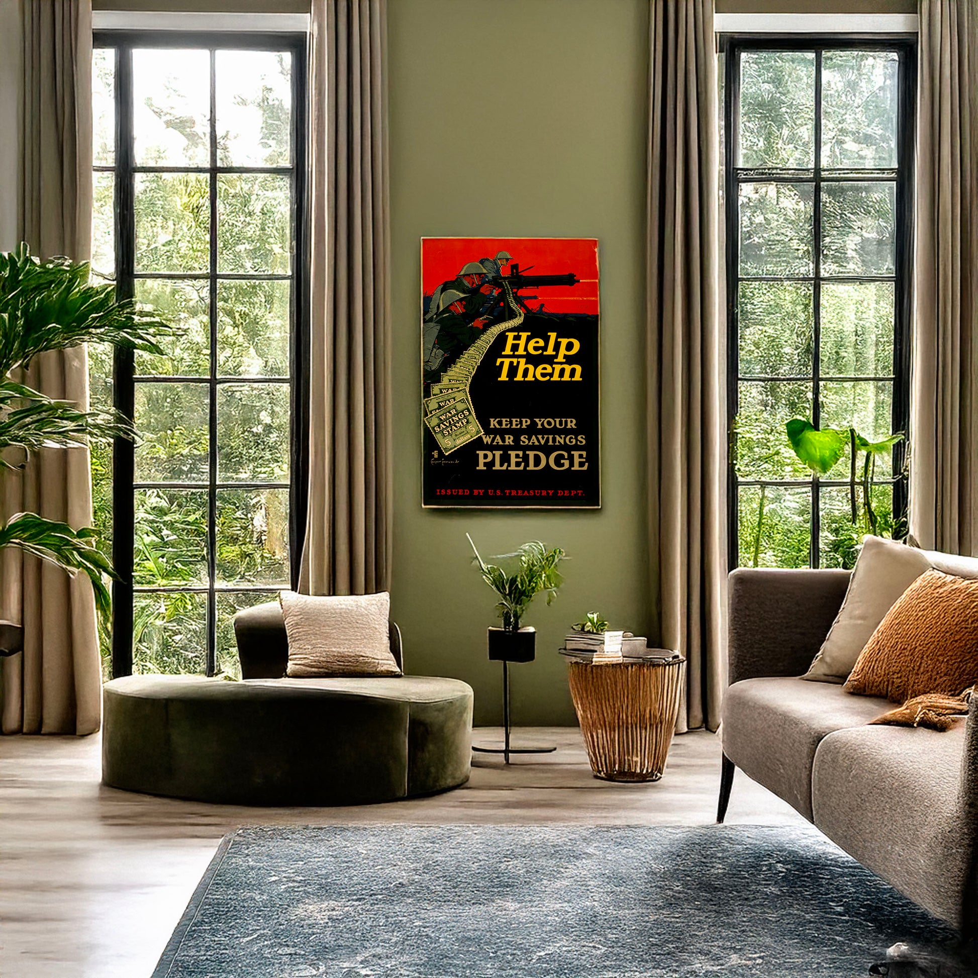 A picture of Help them - keep your war savings pledge, a mockup of the print leaning against a wall