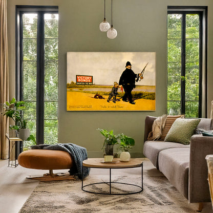 A picture of Help to catch Huns. Victory Bonds shorten the war, a mockup of the print leaning against a wall
