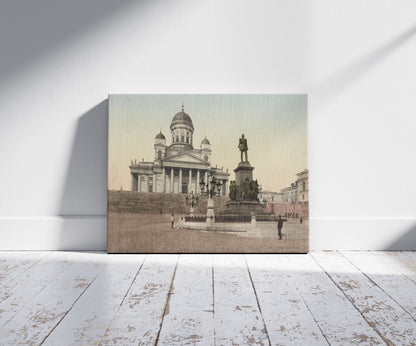 A picture of Helsingfors. L'Monument D'Alexandre II, a mockup of the print leaning against a wall