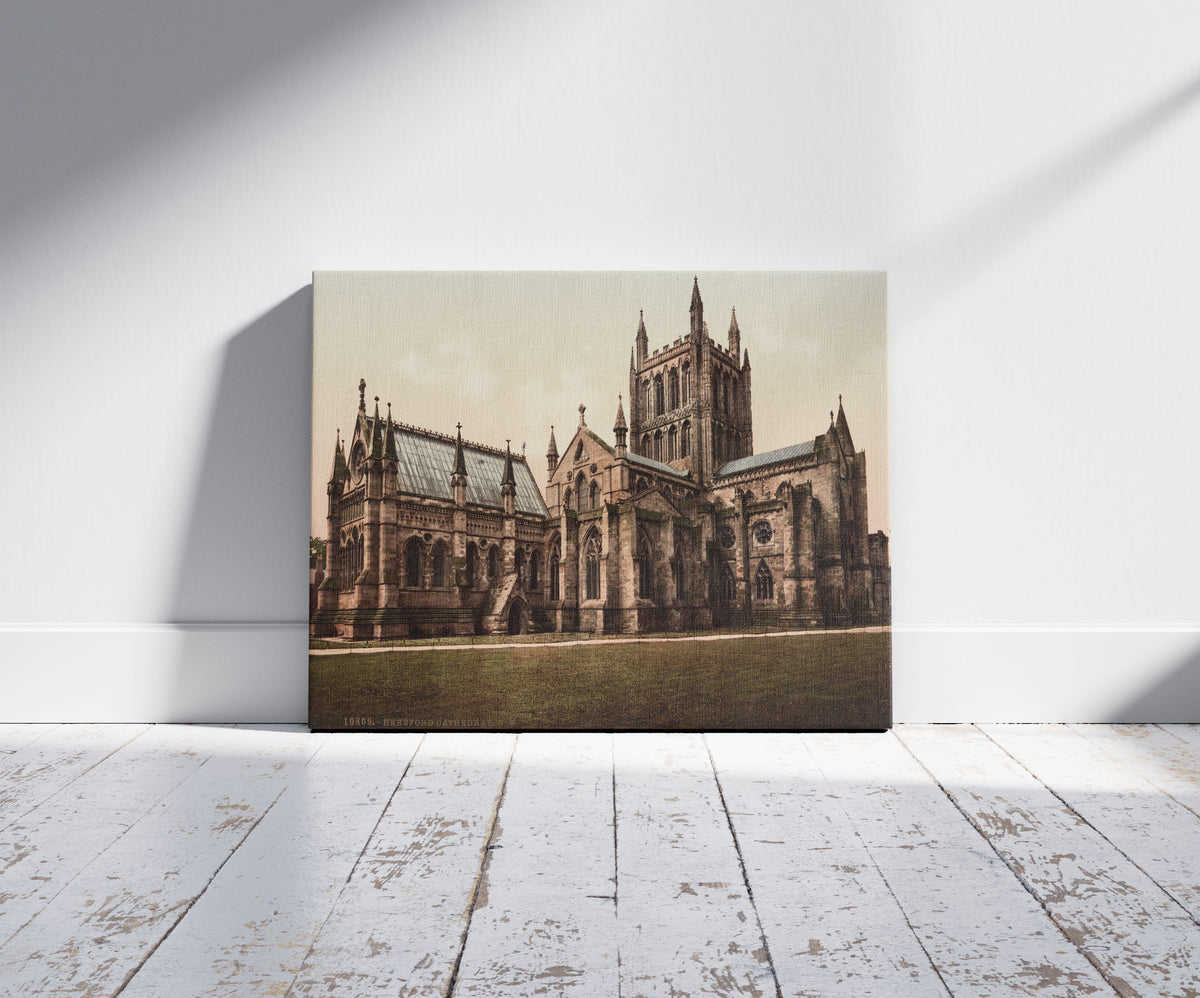 A picture of Hereford Cathedral, N.W., a mockup of the print leaning against a wall