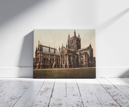 A picture of Hereford Cathedral, N.W., a mockup of the print leaning against a wall