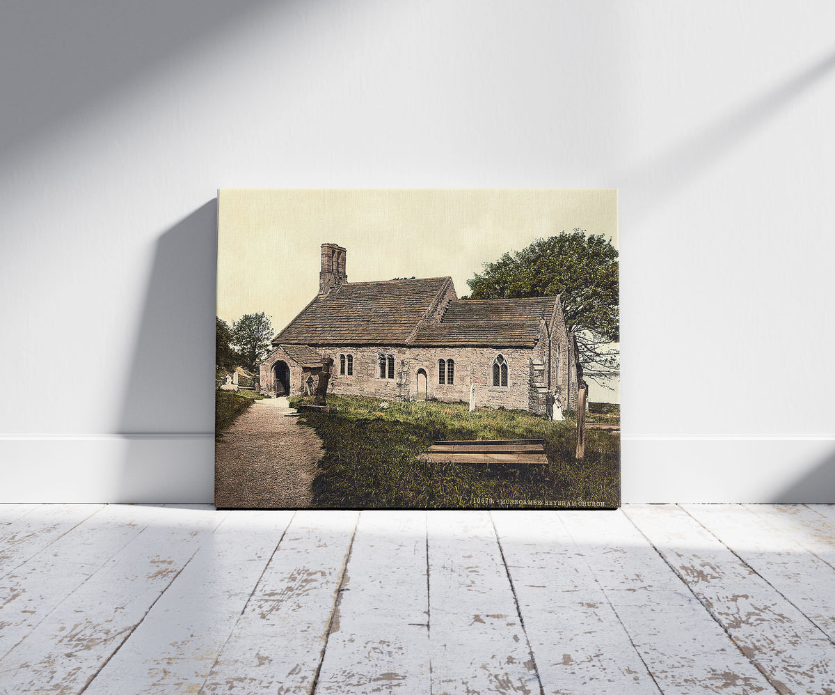 A picture of Heysham Church, Morecambe, England, a mockup of the print leaning against a wall