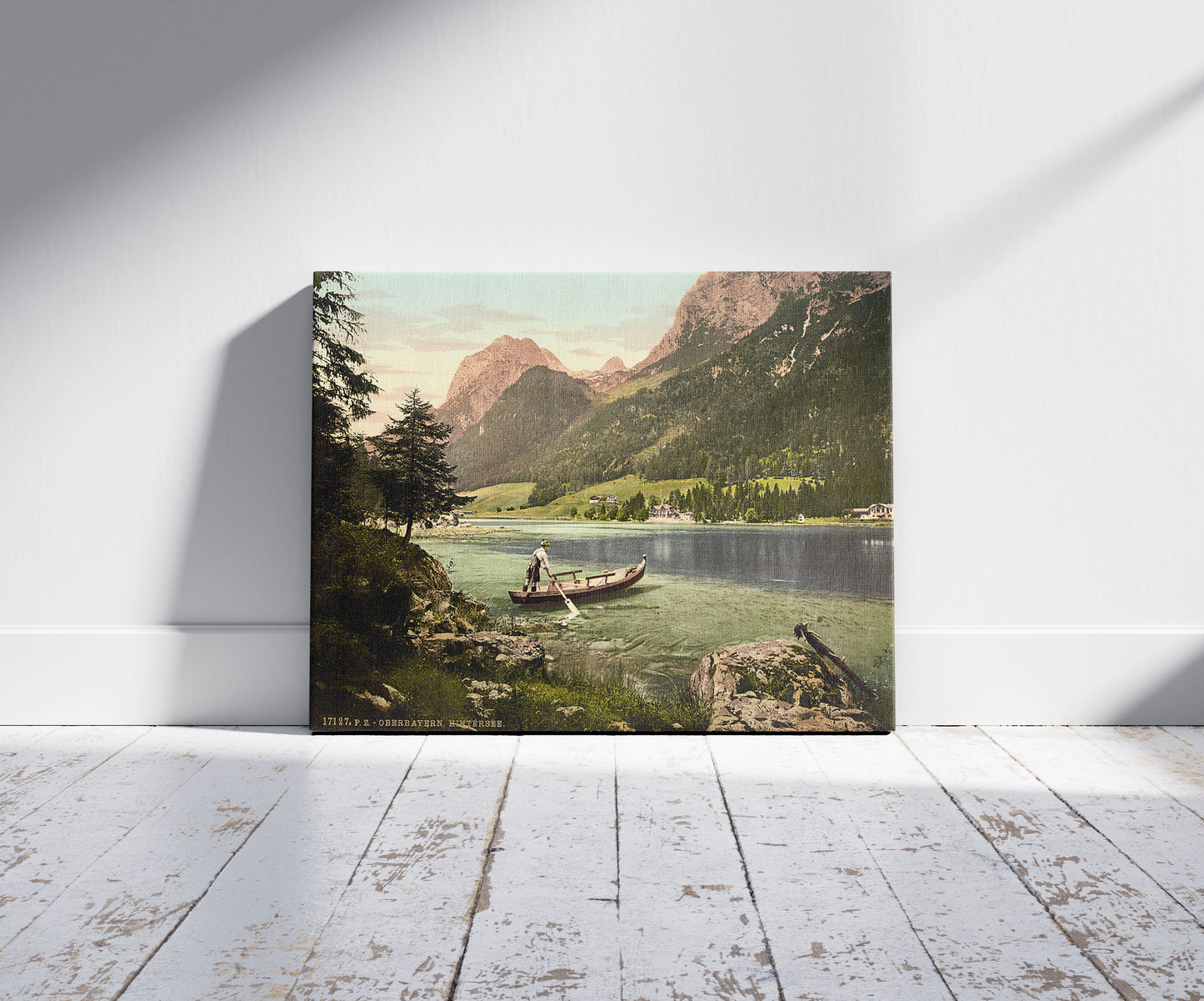 A picture of Hintersee, general view, Upper Bavaria, Germany, a mockup of the print leaning against a wall