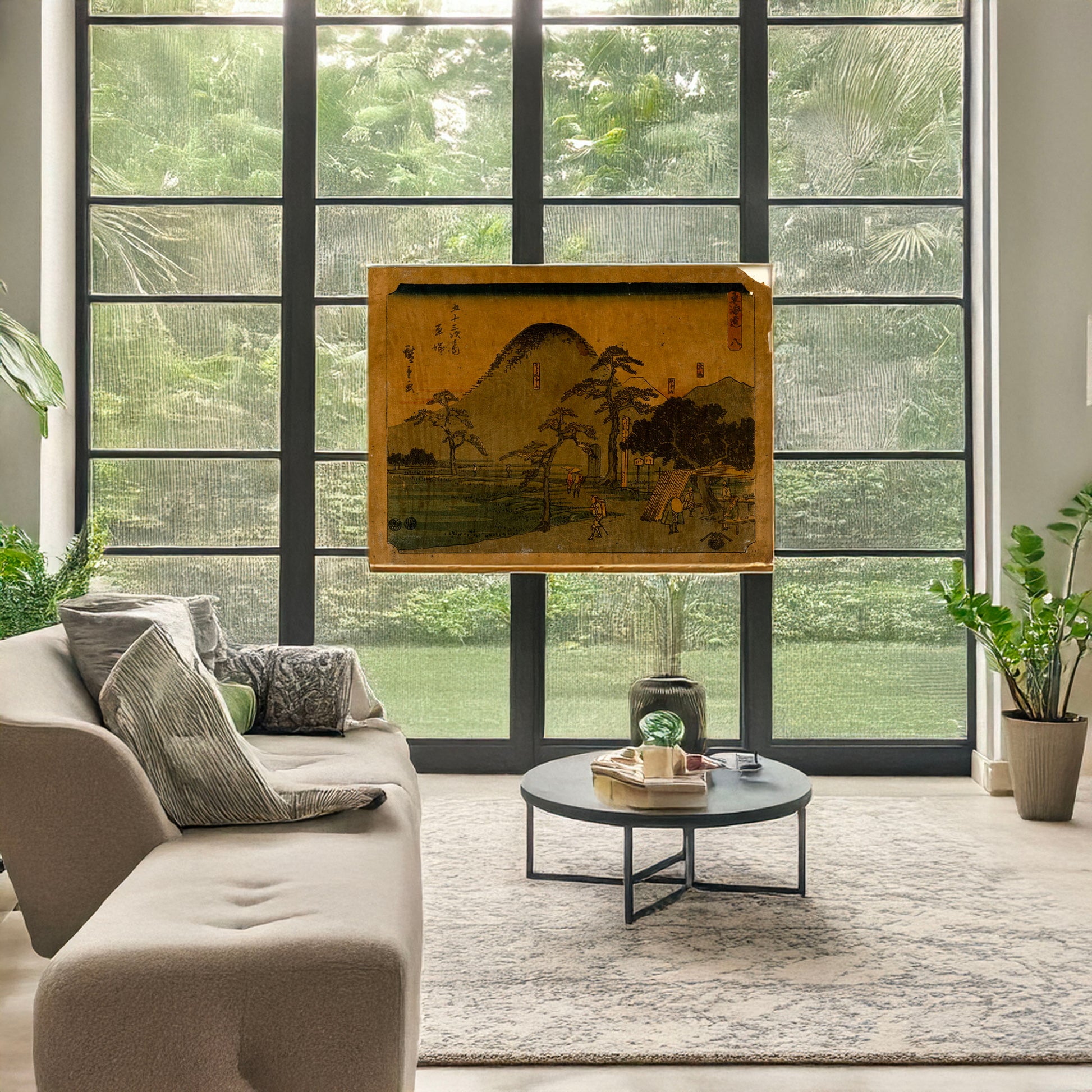 A picture of Hiratsuka, a mockup of the print leaning against a wall