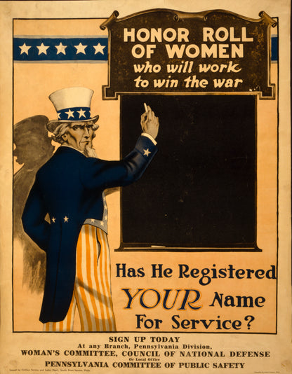 A picture of Honor roll of women who will work to win the war--Has he registered your name for service?