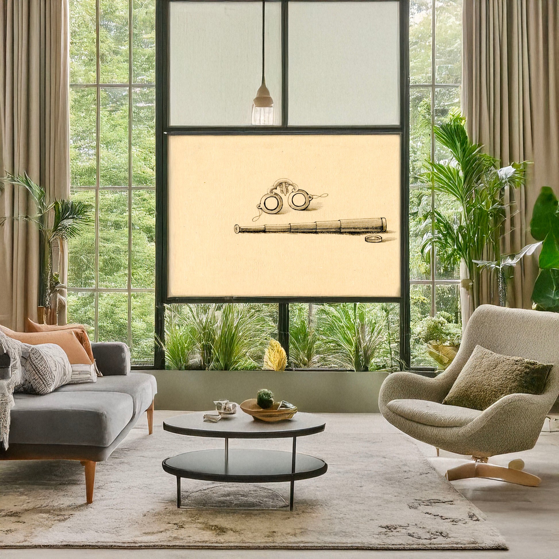 A picture of Horn-rimmed spectacles - telescope, a mockup of the print leaning against a wall