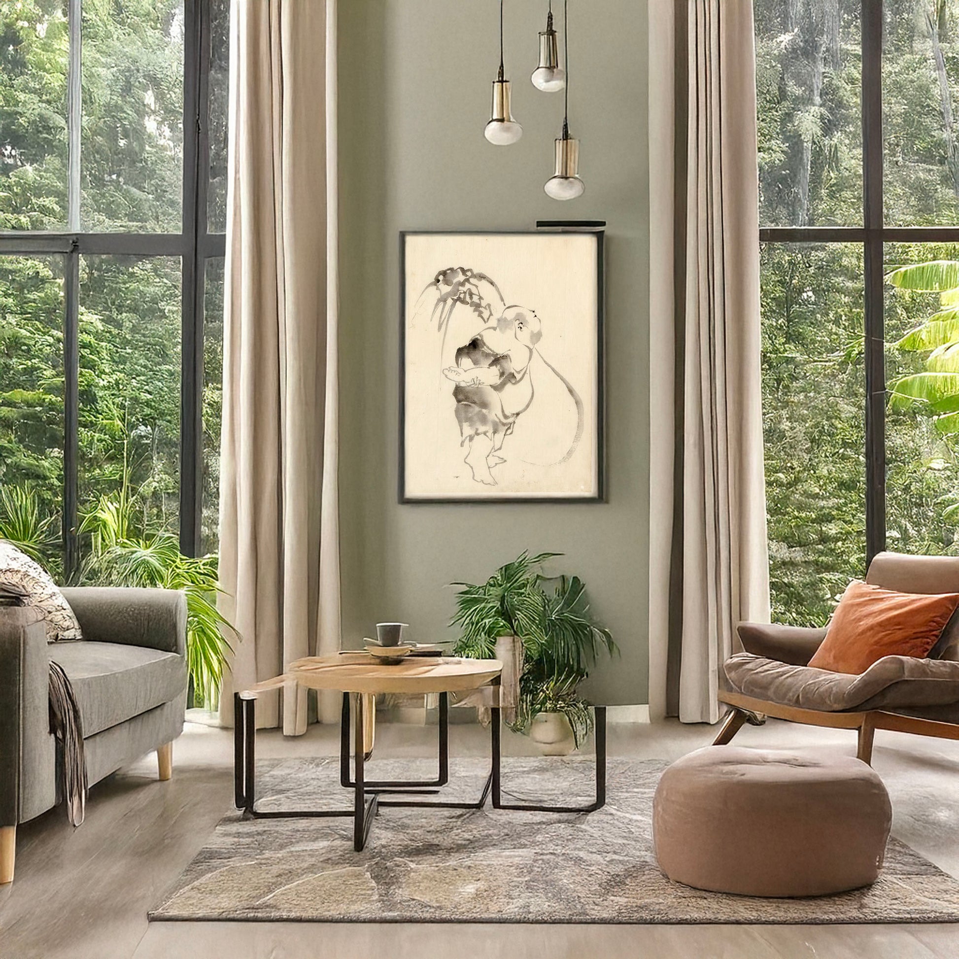 A picture of Hotei, the god of good fortune, one of the seven lucky gods, right profile, arms folded behind his back, standing in front of his large bottomless bag of goods, a mockup of the print leaning against a wall