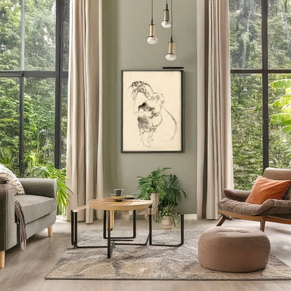 A picture of Hotei, the god of good fortune, one of the seven lucky gods, right profile, arms folded behind his back, standing in front of his large bottomless bag of goods, a mockup of the print leaning against a wall