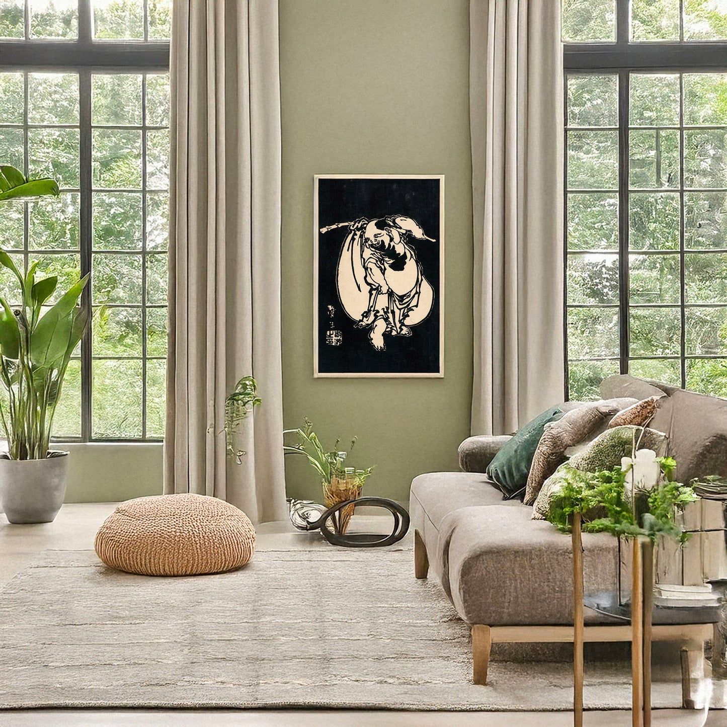 A picture of Hotei, a mockup of the print leaning against a wall