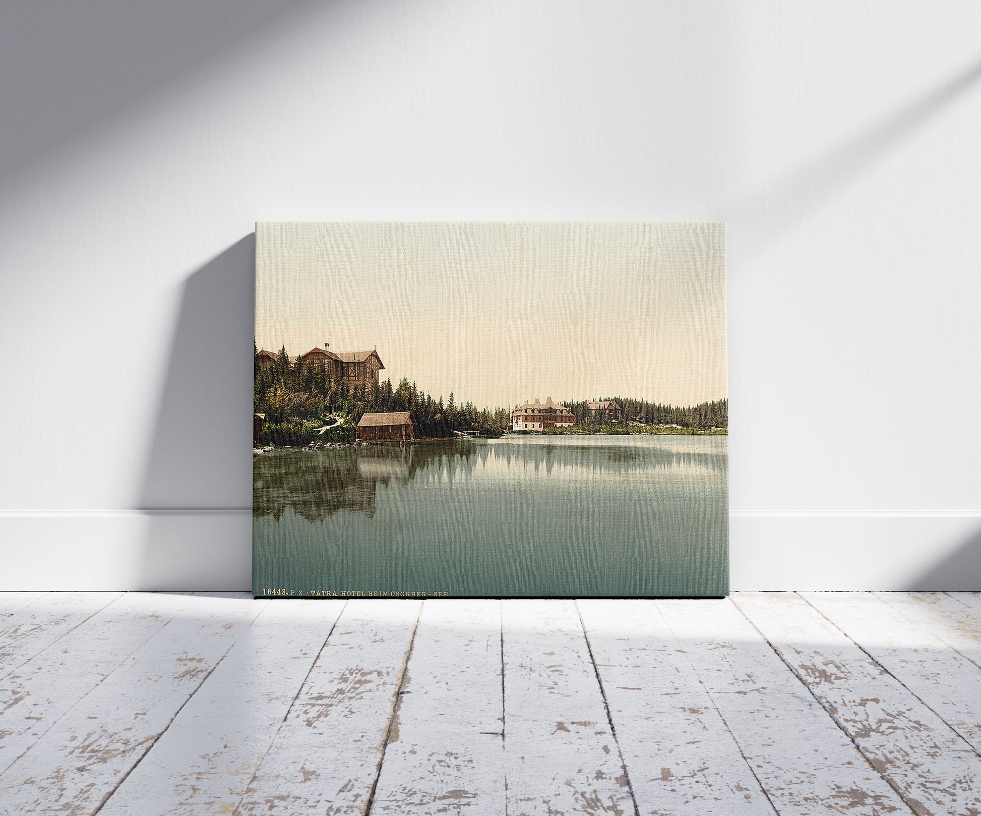 A picture of Hotel and Csorber (i.e., Csorba) See, Tatra, Austro-Hungary, a mockup of the print leaning against a wall