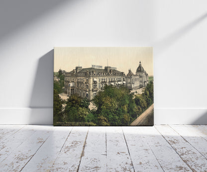 A picture of Hotel Kaiserhof and Augusta Victoria Baths, Wiesbaden, Hesse-Nassau, Germany, a mockup of the print leaning against a wall