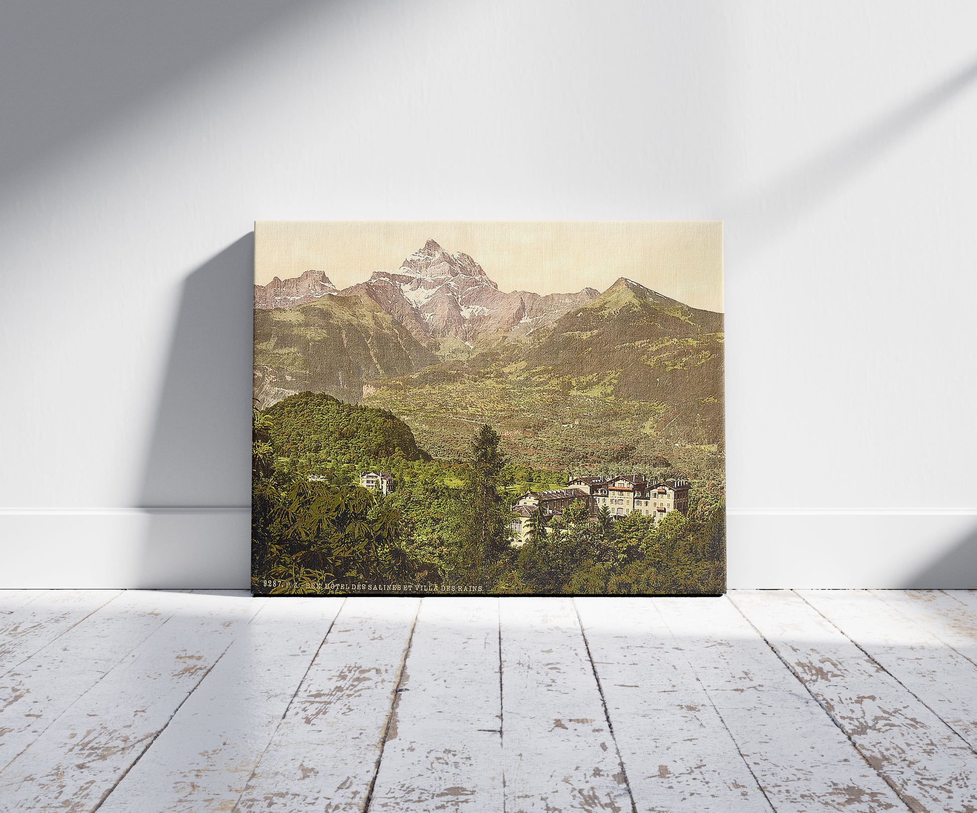 A picture of Hotel, Salines and Villa des Bains, Bex, Vaud, Canton of, Switzerland, a mockup of the print leaning against a wall