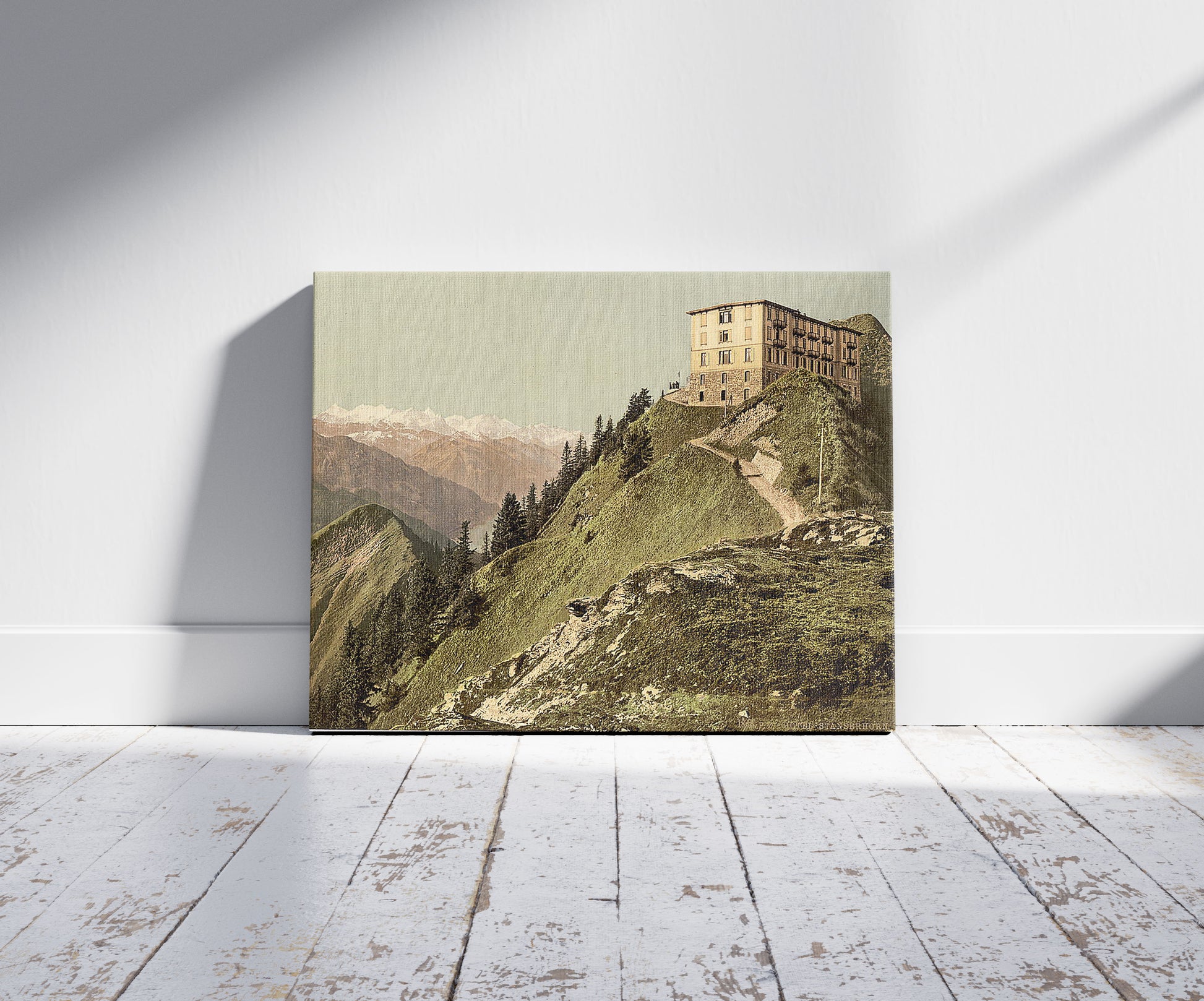 A picture of Hotel, Stanserhorn, Switzerland, a mockup of the print leaning against a wall