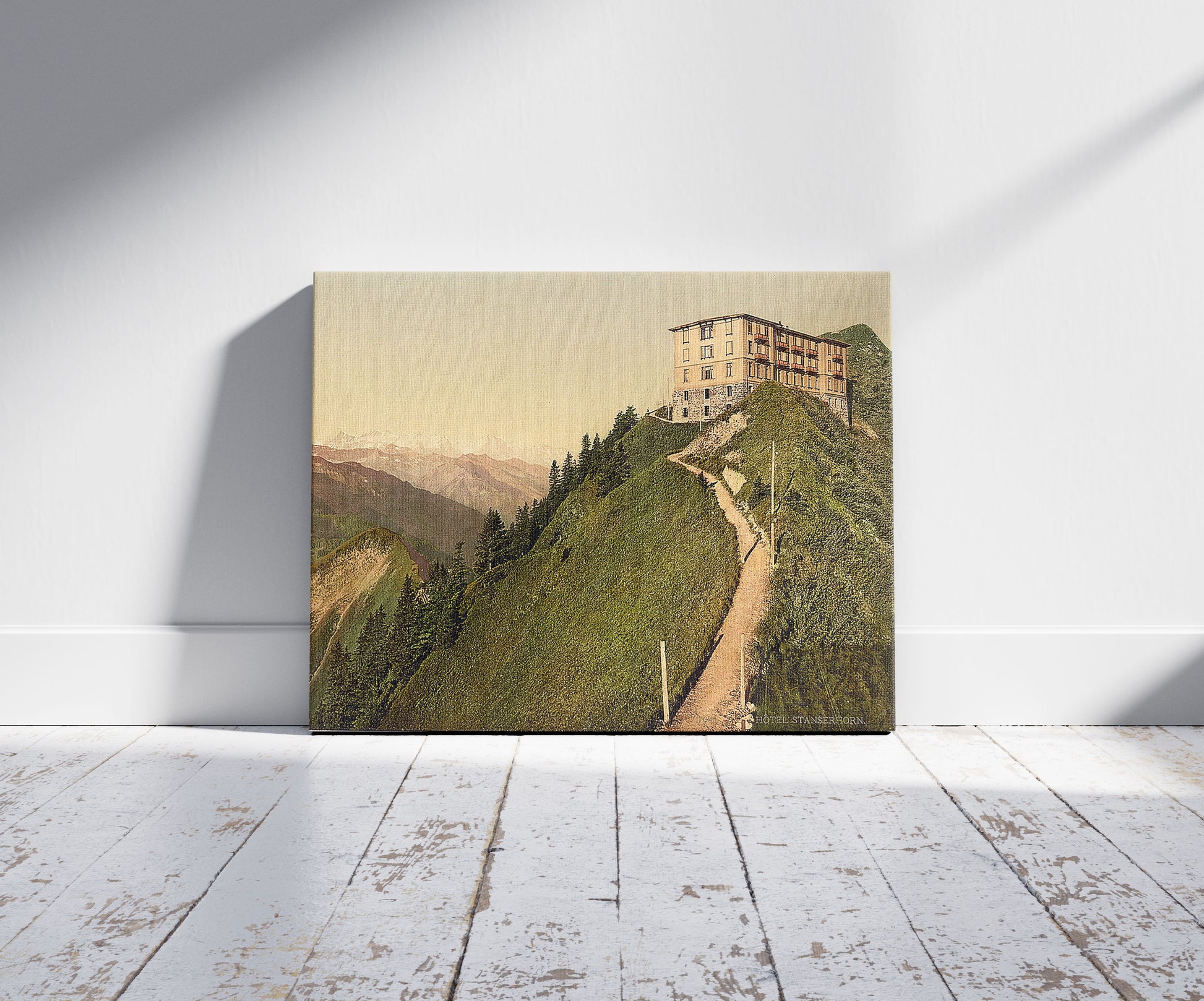 A picture of Hotel Stanserhorn, Unterwald, Switzerland, a mockup of the print leaning against a wall