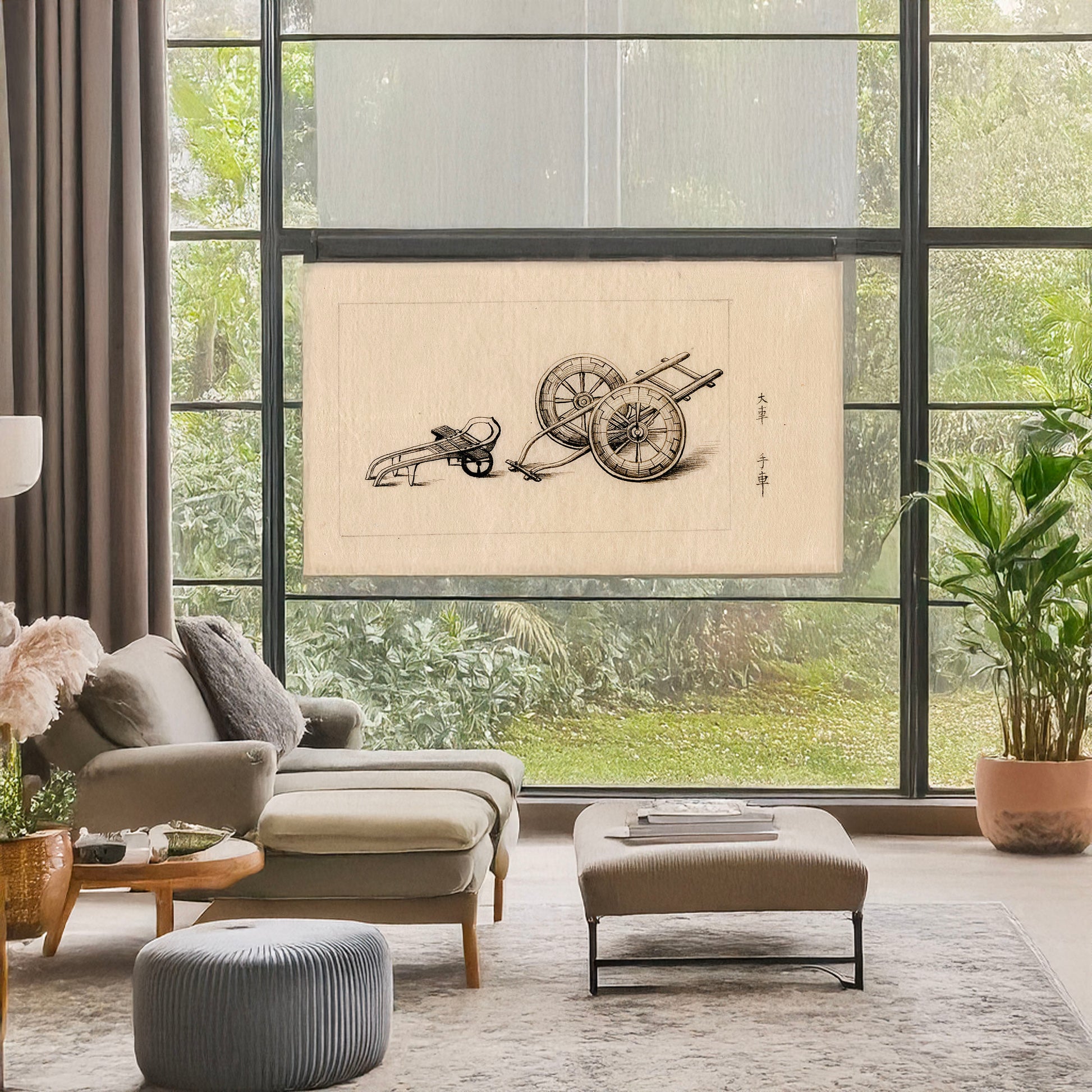 A picture of Human-powered two-wheeled carts, a mockup of the print leaning against a wall