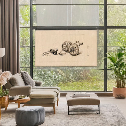 A picture of Human-powered two-wheeled carts, a mockup of the print leaning against a wall