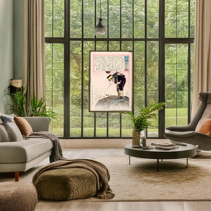 A picture of Humorous picture showing a monster on a boat or raft collecting Chinese Buddhist worshippers in a river, a mockup of the print leaning against a wall
