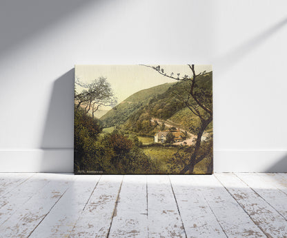 A picture of Hunter's Inn, Lynton and Lynmouth, England, a mockup of the print leaning against a wall