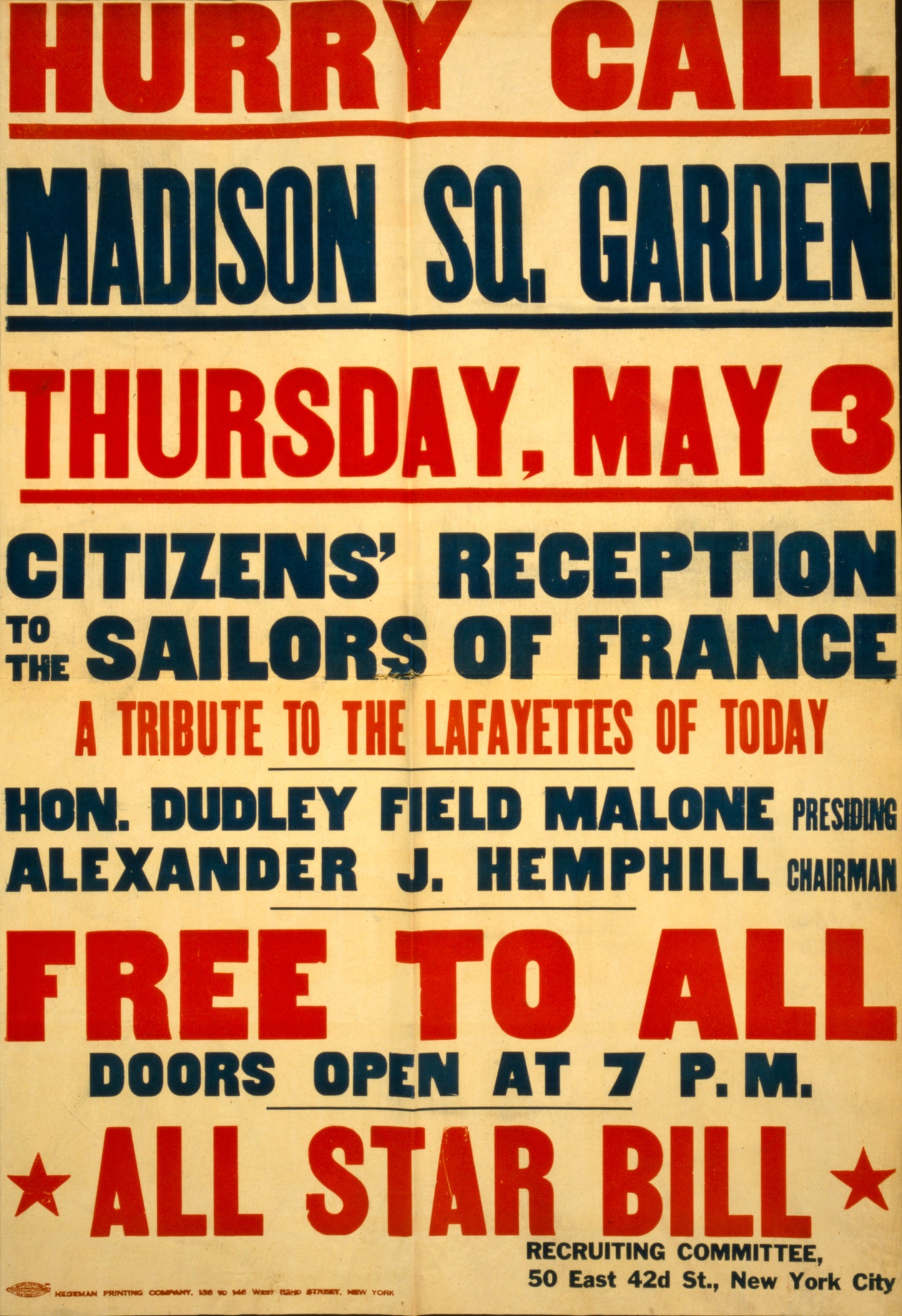 A picture of Hurry call--Madison Sq. Garden ... Citizens' reception to the sailors of France ... All star bill