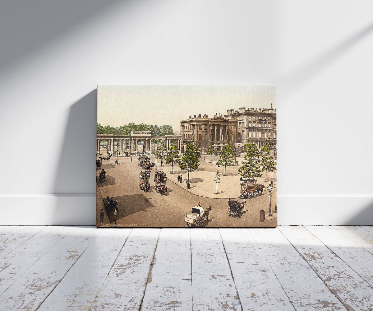 A picture of Hyde Park Corner, London, England, a mockup of the print leaning against a wall