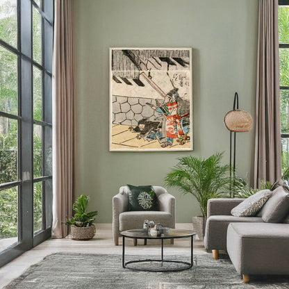 A picture of Hyōshigi o utsu bushi, a mockup of the print leaning against a wall