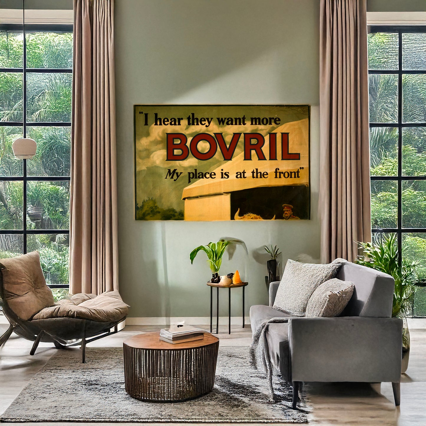 A picture of "I hear they want more Bovril. My place is at the front", a mockup of the print leaning against a wall