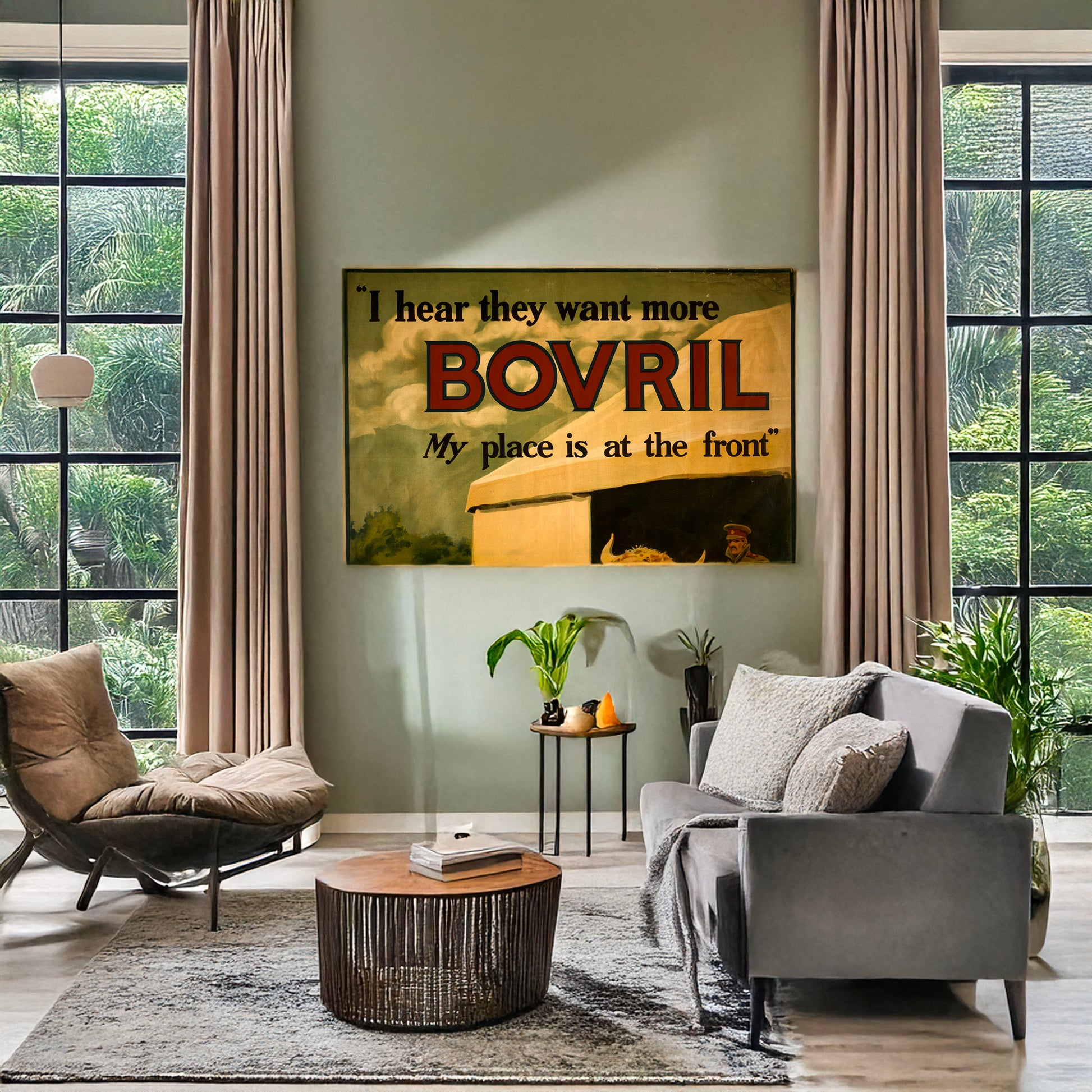 A picture of "I hear they want more Bovril. My place is at the front", a mockup of the print leaning against a wall
