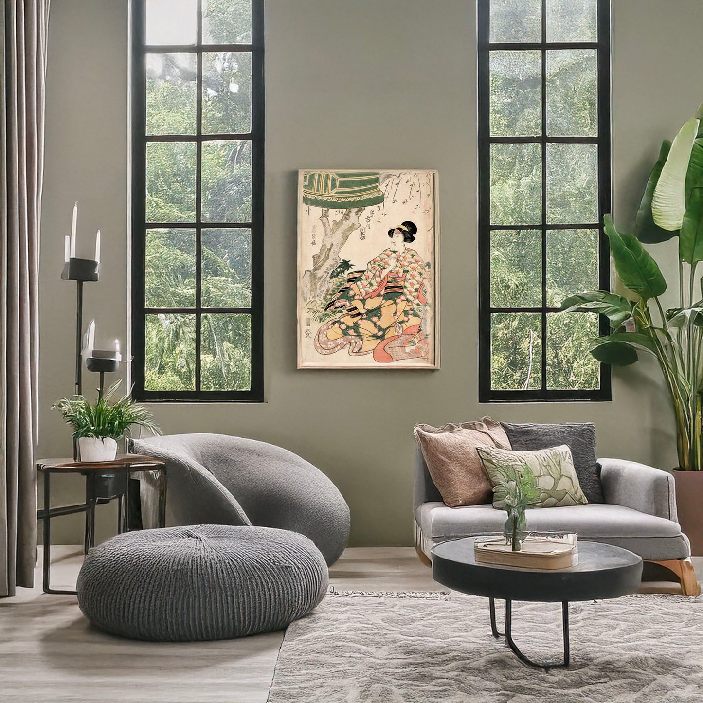 A picture of Ichikawa Dannosuke no Tsunajo, a mockup of the print leaning against a wall