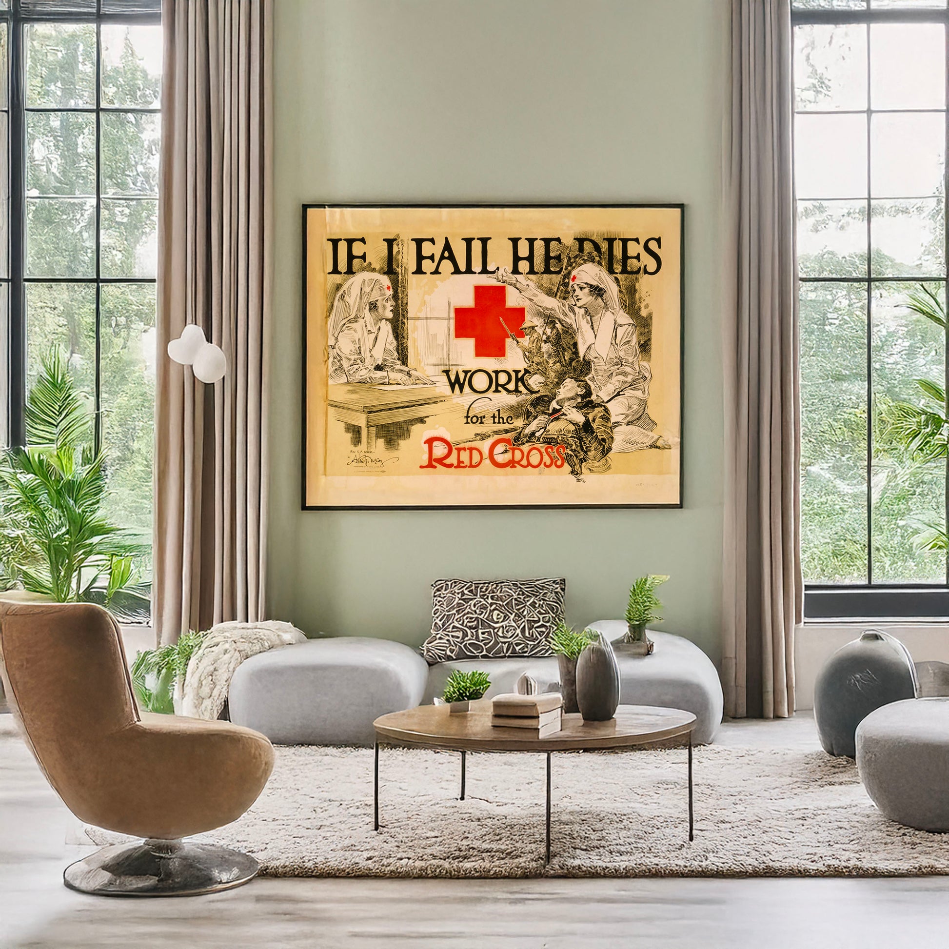 A picture of If I fail he dies Work for the Red Cross /, a mockup of the print leaning against a wall