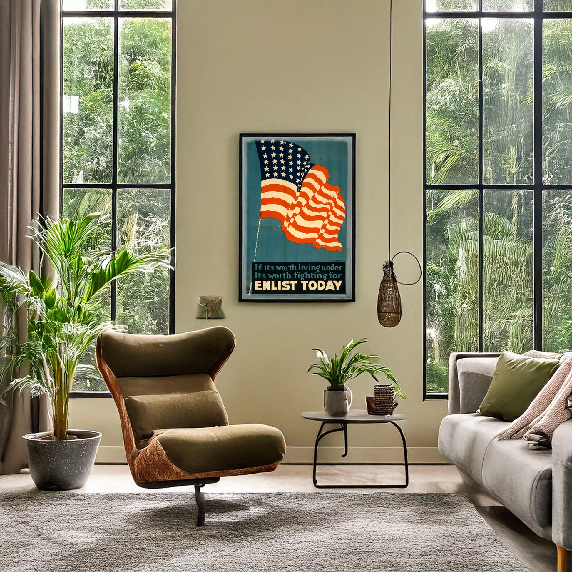 A picture of If it's worth living under, it's worth fighting for--Enlist today, a mockup of the print leaning against a wall