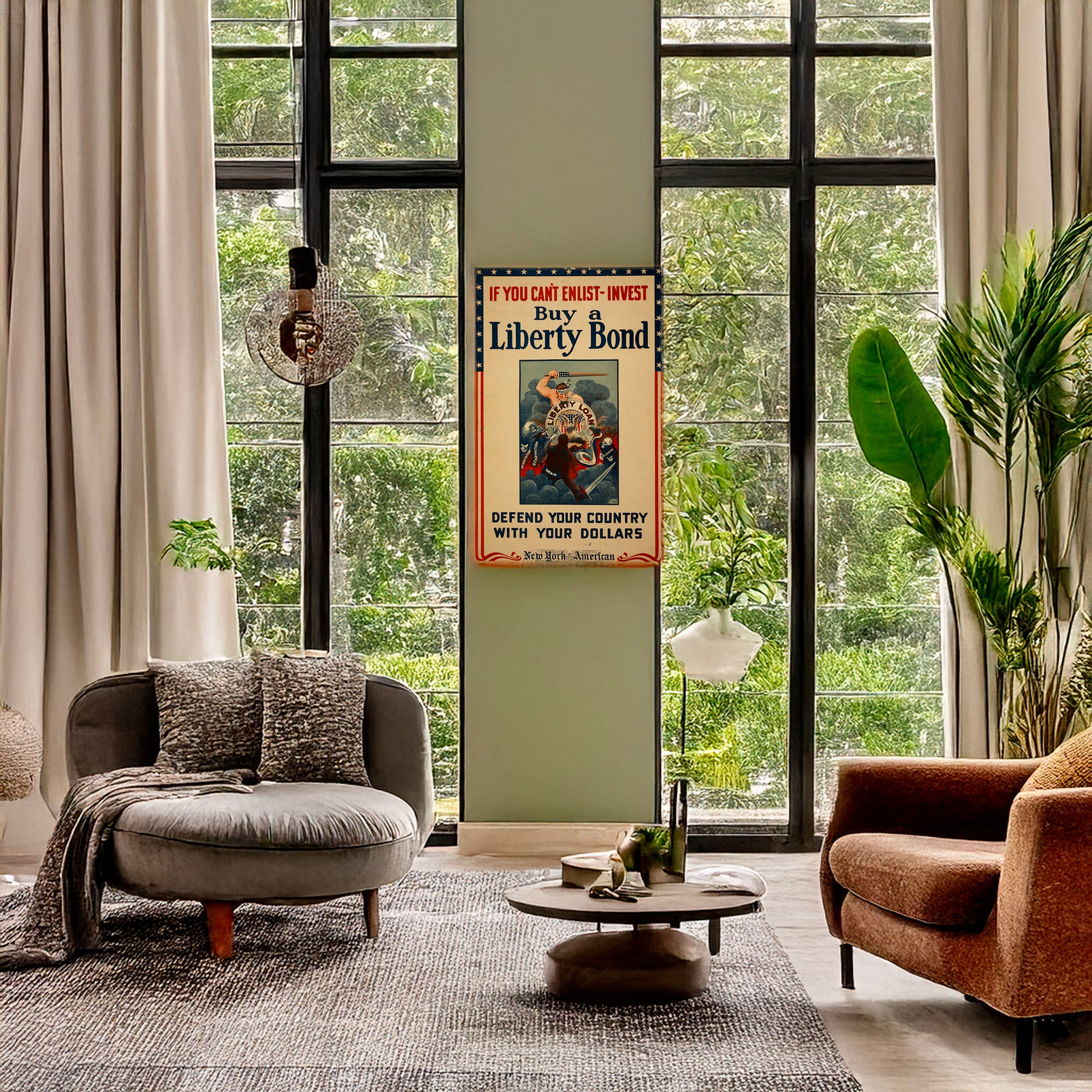 A picture of If you can't enlist, invest - Buy a Liberty Bond - Defend your country with your dollars, a mockup of the print leaning against a wall