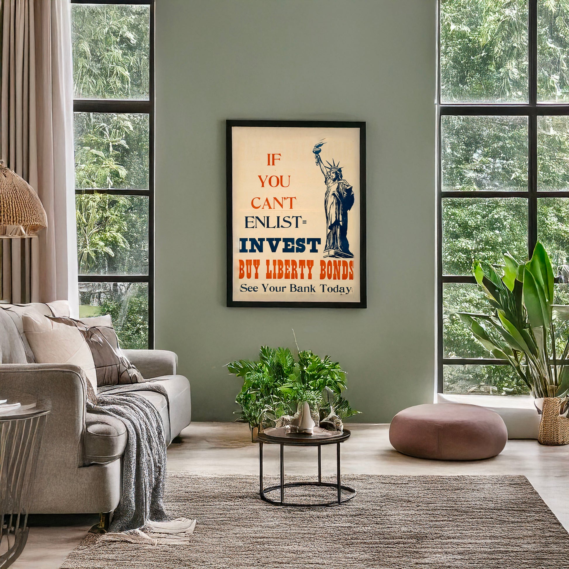 A picture of If you can't enlist--invest Buy Liberty bonds--See your bank today., a mockup of the print leaning against a wall