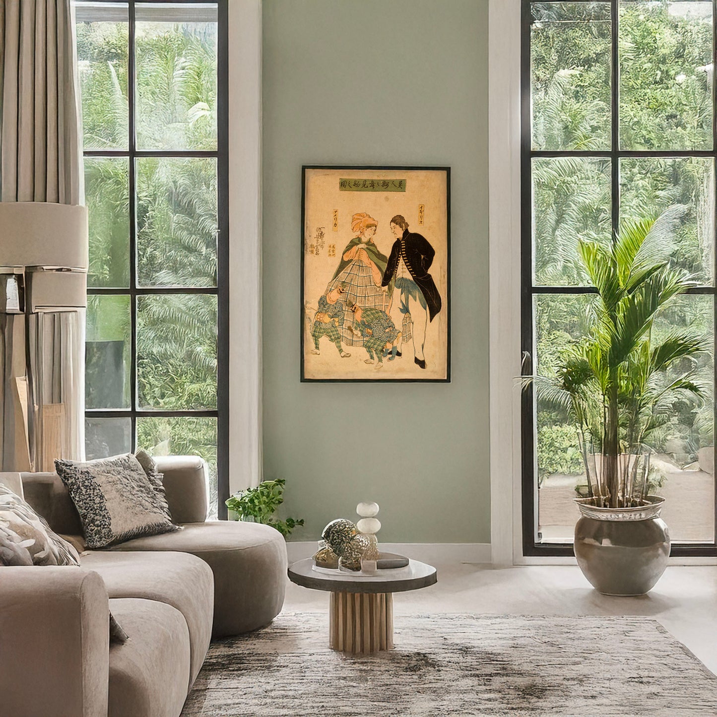 A picture of Ijin shishimai kenbutsu no zu, a mockup of the print leaning against a wall