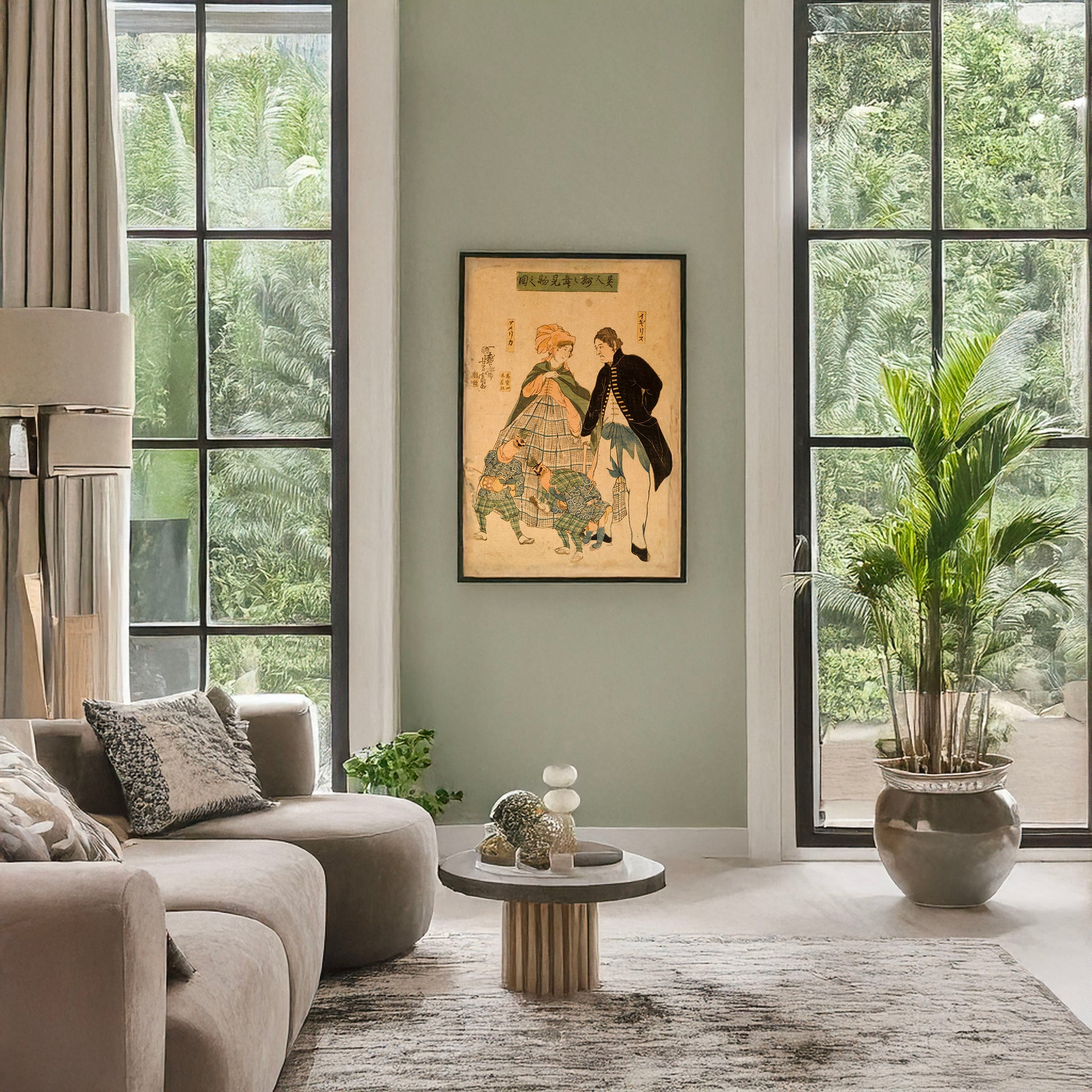 A picture of Ijin shishimai kenbutsu no zu, a mockup of the print leaning against a wall
