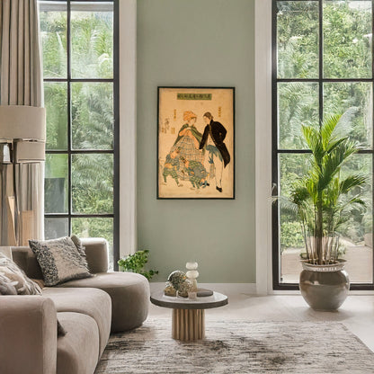 A picture of Ijin shishimai kenbutsu no zu, a mockup of the print leaning against a wall