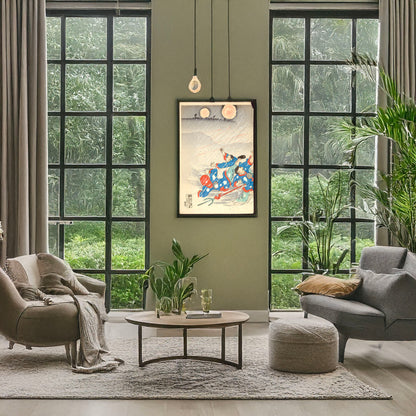 A picture of Ikaiei hyakushaku gake hōdai secchū daikōgeki, a mockup of the print leaning against a wall