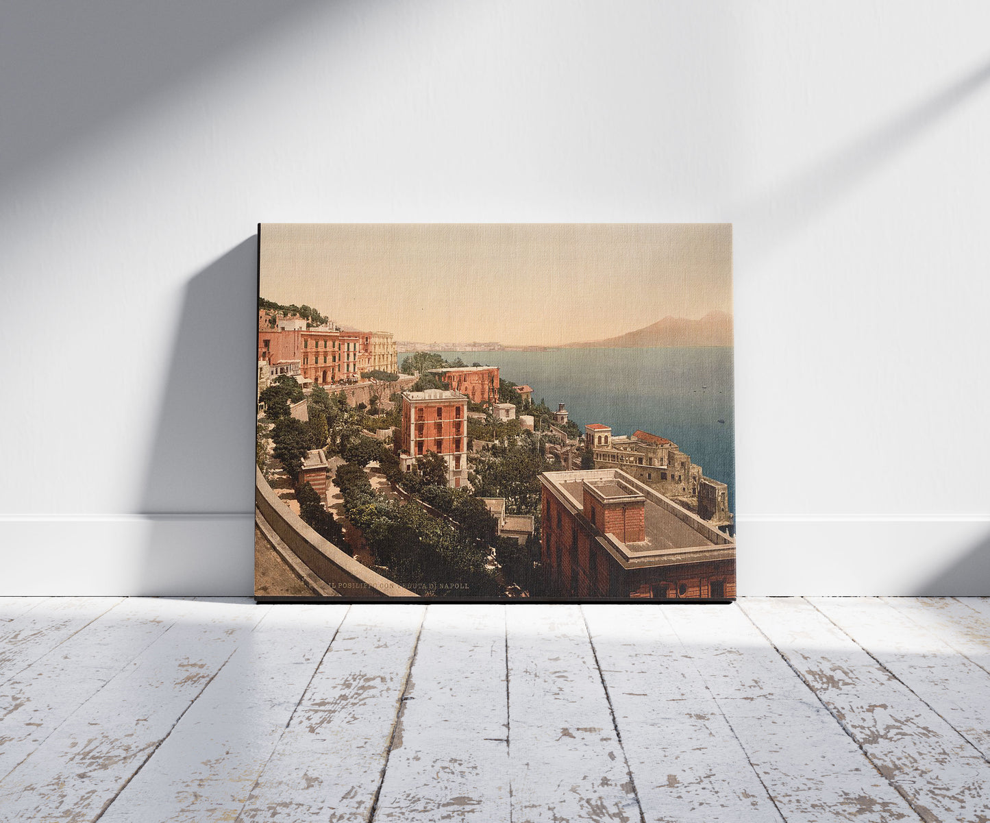 A picture of Il Posilippo and waterfront, Naples, Italy, a mockup of the print leaning against a wall