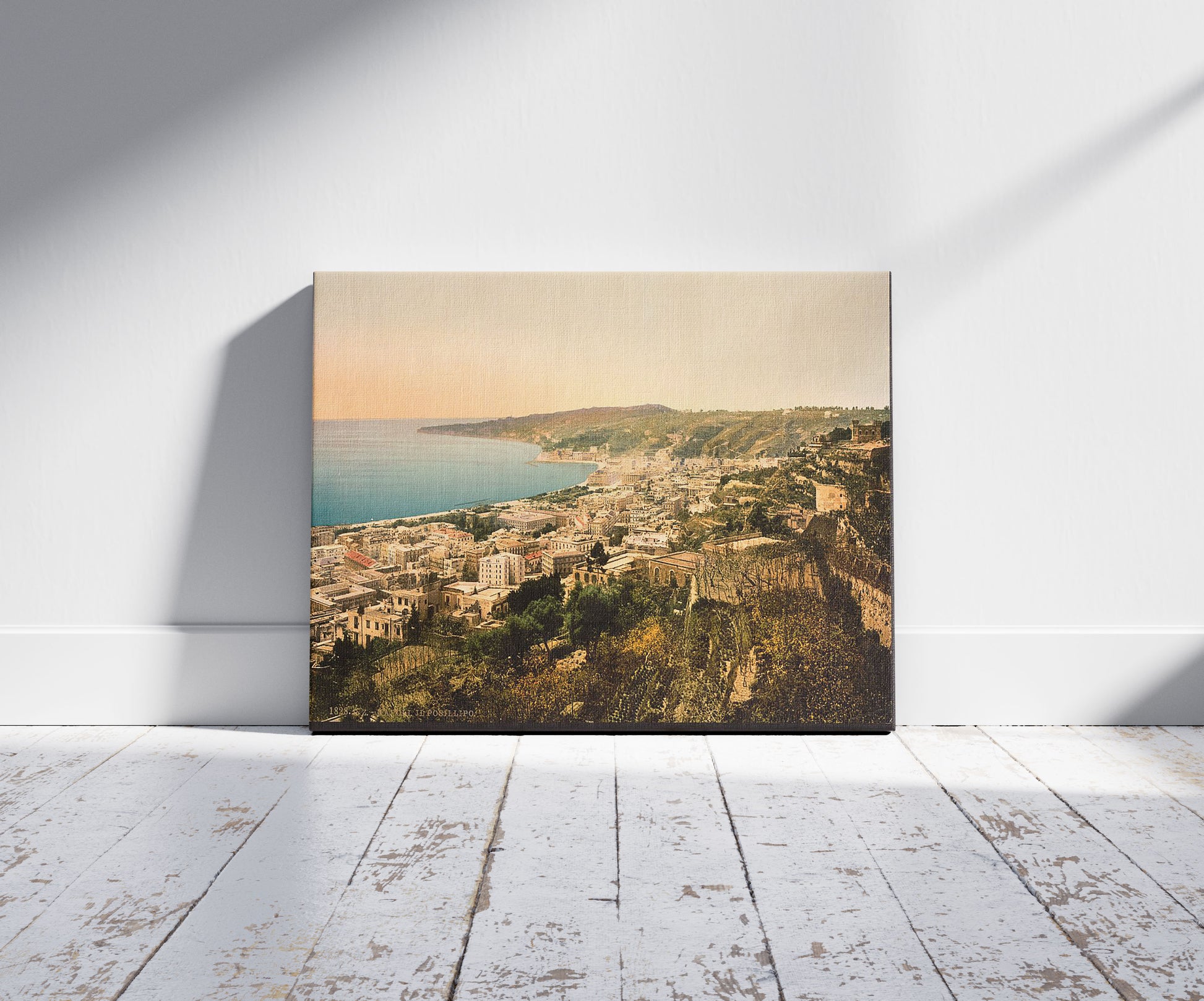 A picture of Il Posillipo, Naples, Italy, a mockup of the print leaning against a wall