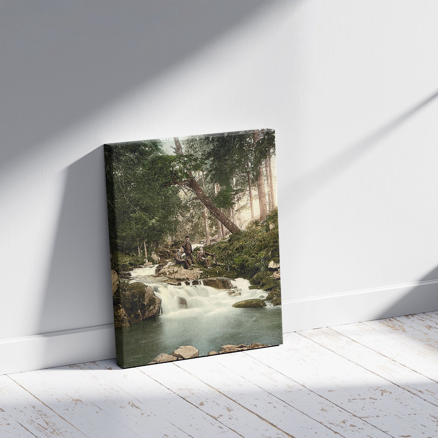 A picture of Ilse Falls, Hartz, Germany, a mockup of the print leaning against a wall