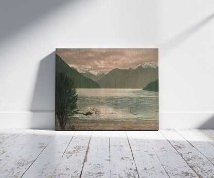 A picture of In Safe Cove. Lake Te Anau, a mockup of the print leaning against a wall