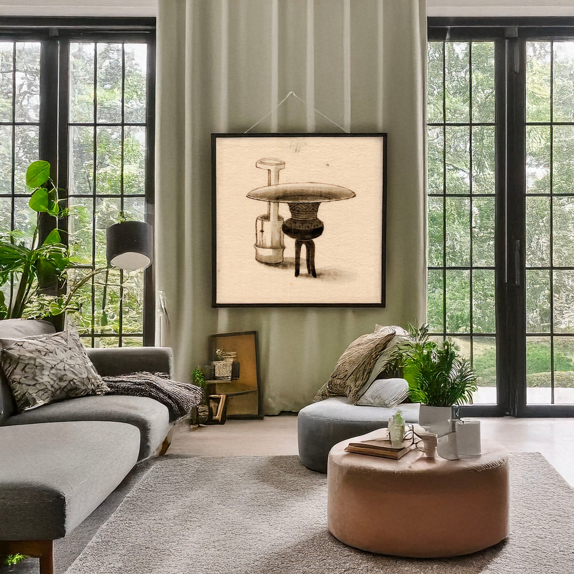 A picture of Incense pot and burner, a mockup of the print leaning against a wall