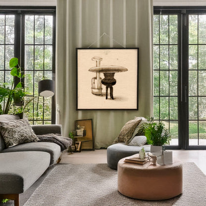 A picture of Incense pot and burner, a mockup of the print leaning against a wall