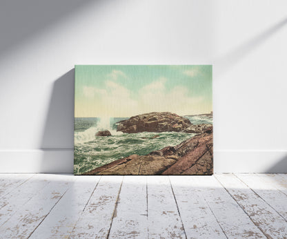 A picture of Indian Rock, Narragansett Pier, a mockup of the print leaning against a wall