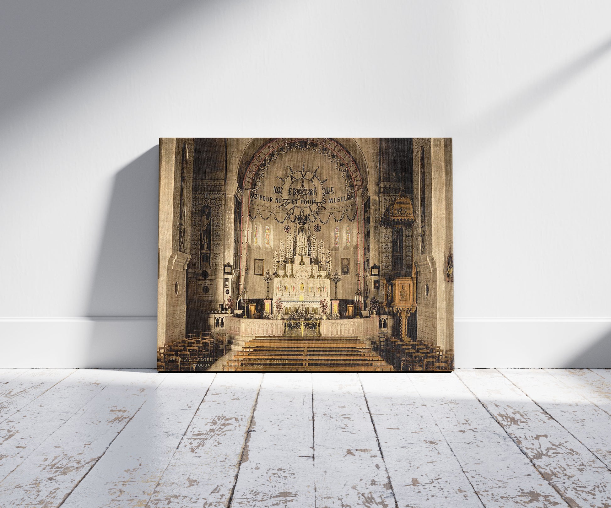 A picture of Interior of Notre Dame d'Afrique, Algiers, Algeria, a mockup of the print leaning against a wall