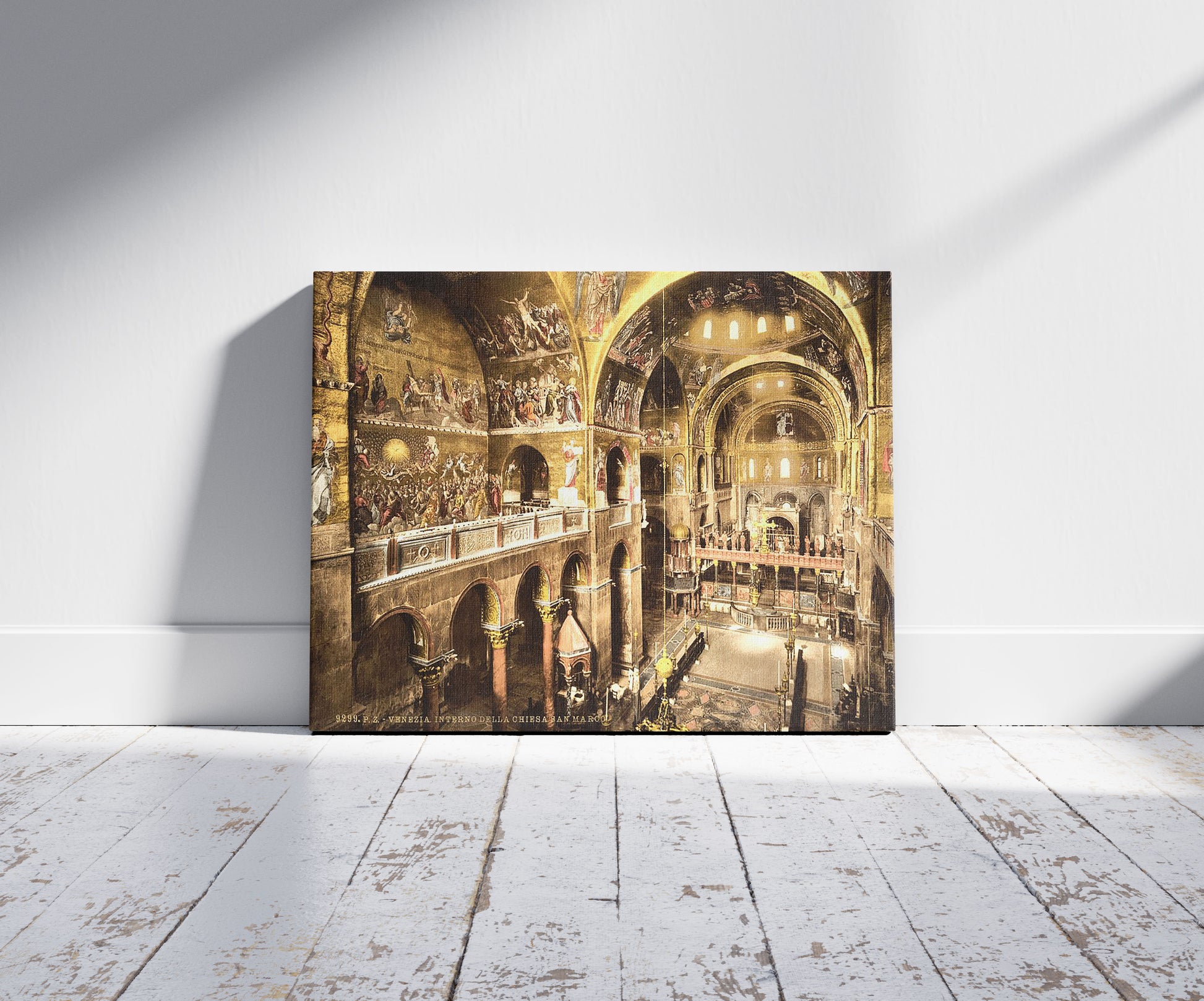 A picture of Interior of St. Mark's, Venice, Italy, a mockup of the print leaning against a wall